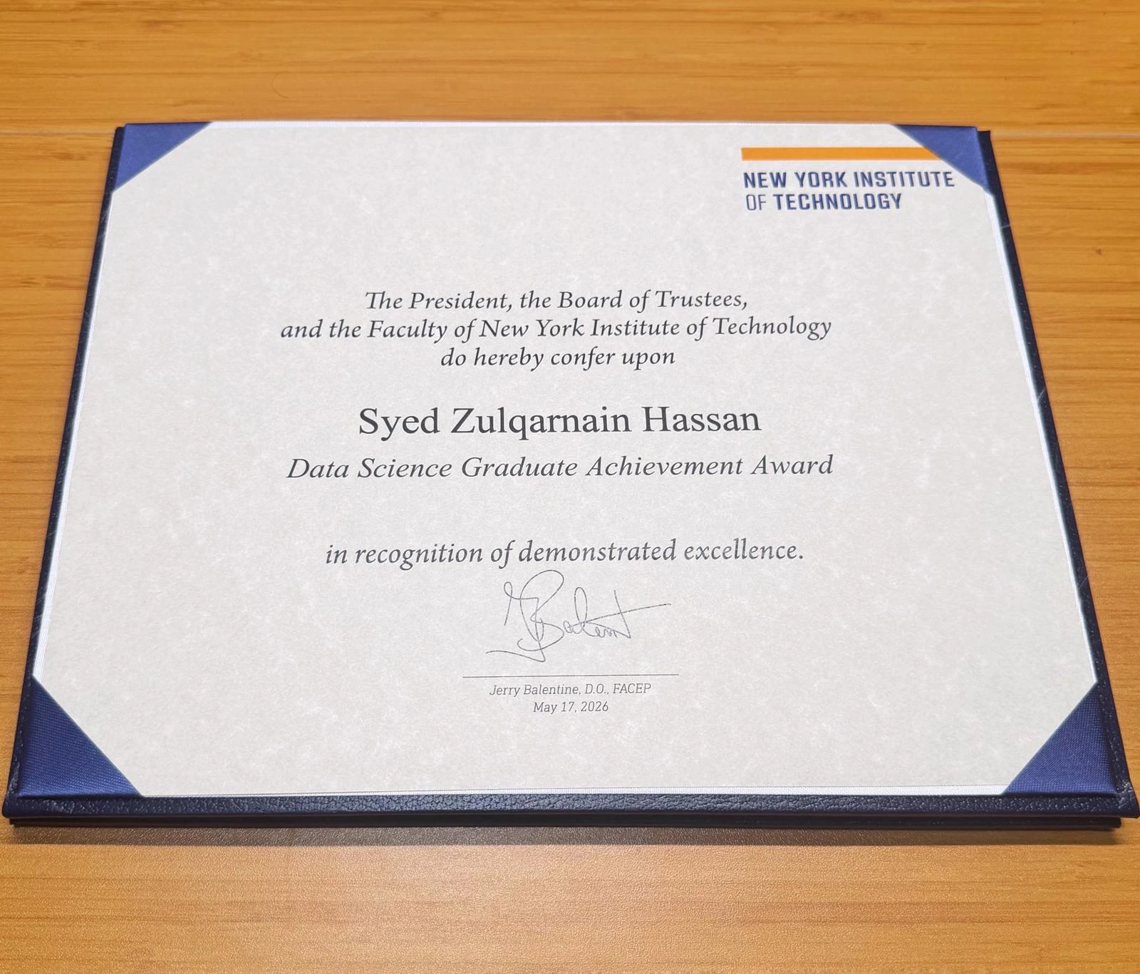 Data Science Graduate Achievement Award certificate, New York Institute of Technology
