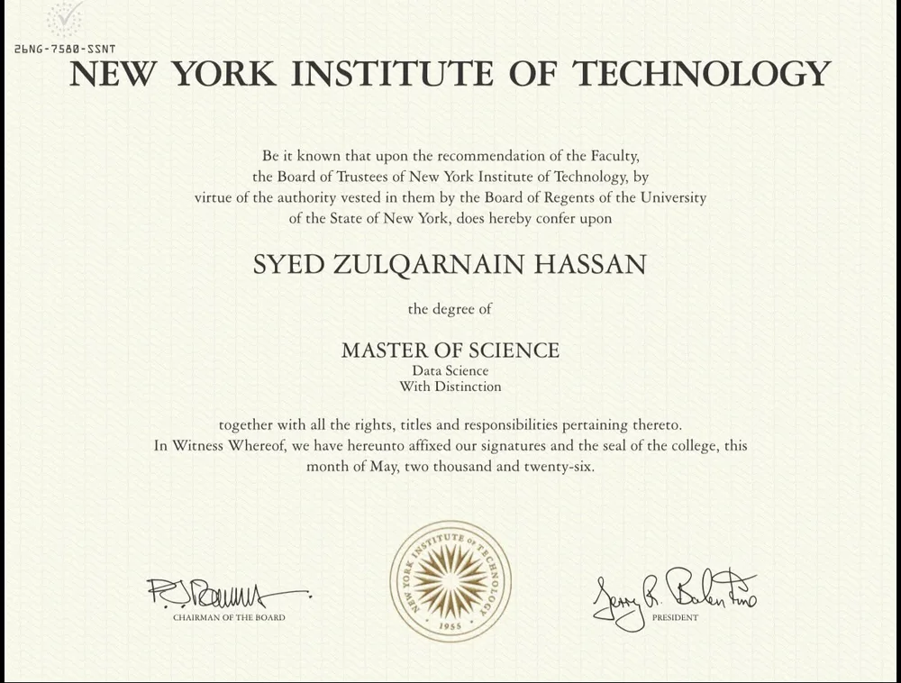 NYIT Master of Science in Data Science degree, awarded with distinction